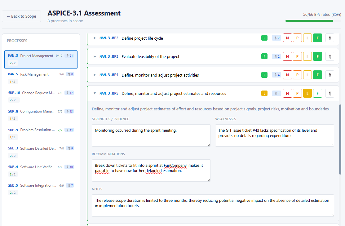 Censopus assessment documentation screen with base practice ratings and strengths, weaknesses, and recommendations fields