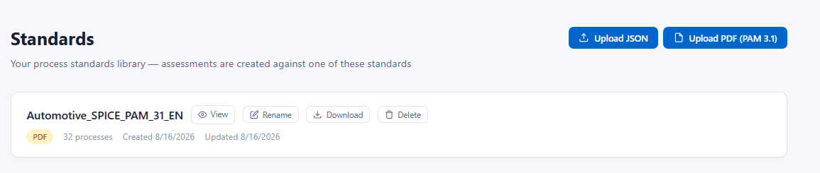 Censopus standards library showing an uploaded process standard alongside options to upload a JSON or PDF standard