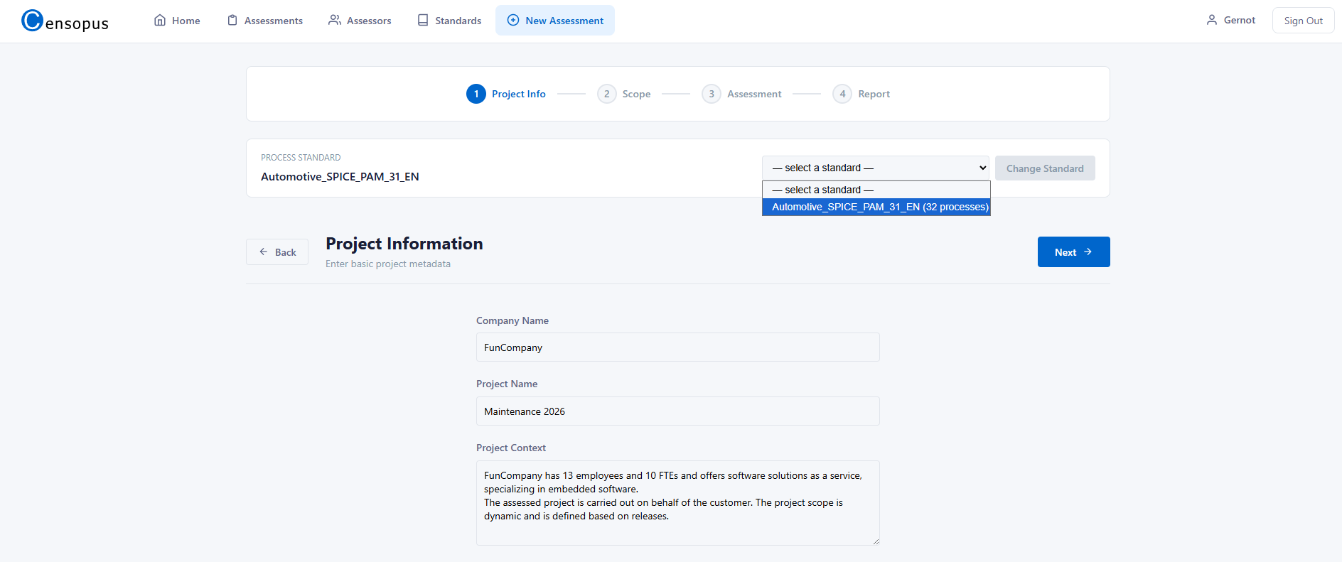 Censopus project information screen with company name, project name, and project context fields